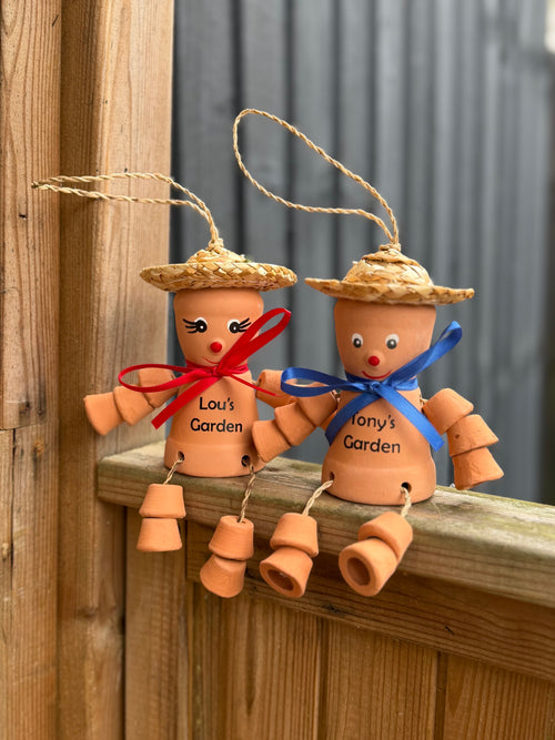 Personalised Terracotta Plant Pot Man or Lady Garden Ornaments Includes Ribbon Of Choice