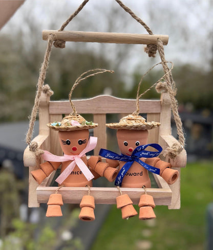 Personalised Flowerpot Couple on Swing, Terracotta Pot People Garden Ornament, Anniversary Gift, Wedding Gift, Unique Garden Decor