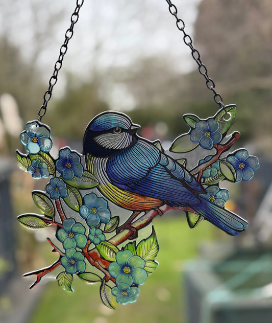 Blue Tit Bird Cut Glass Suncatcher – Stained Glass Effect Hanging Window & Garden Bird Decoration Gift