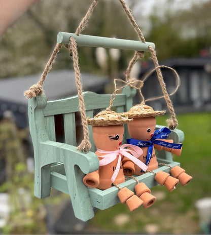 Personalised Flowerpot Couple on Swing, Terracotta Pot People Garden Ornament, Anniversary Gift, Wedding Gift, Unique Garden Decor