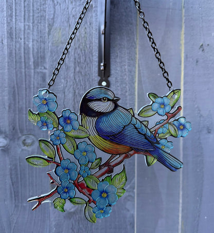 Blue Tit Bird Cut Glass Suncatcher – Stained Glass Effect Hanging Window & Garden Bird Decoration Gift