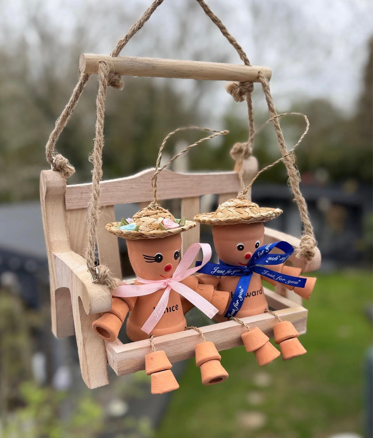 Personalised Flowerpot Couple on Swing, Terracotta Pot People Garden Ornament, Anniversary Gift, Wedding Gift, Unique Garden Decor