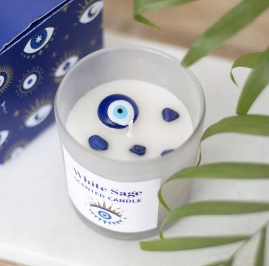 Evil Eye All Seeing Eye Sodalite Crystal Chip White Sage Scented Candle Manifesting Positivity Gifts