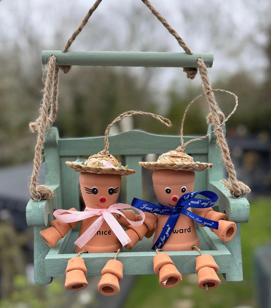 Personalised Flowerpot Couple on Swing, Terracotta Pot People Garden Ornament, Anniversary Gift, Wedding Gift, Unique Garden Decor