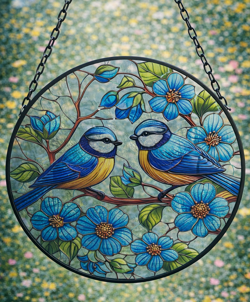 Blue Tit Birds Stained Glass Effect Orbit Hanging Sun-catcher Wind Spinner Garden Ornament