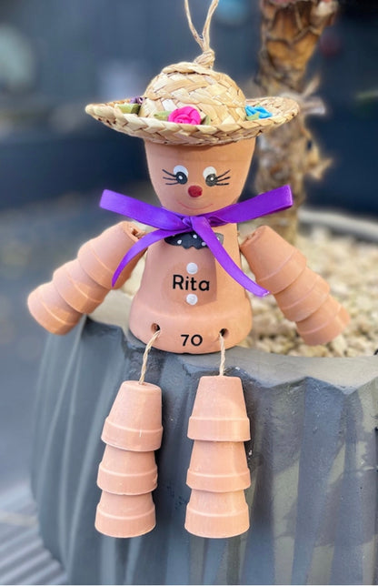 Personalised Terracotta Plant Pot People Man or Lady Includes Ribbon Of Choice